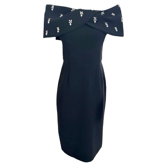 Rickie Freeman For Teri Jon Off-Shoulder Jewel-Embellished Crepe Midi Dress NEW - Picture 13 of 15